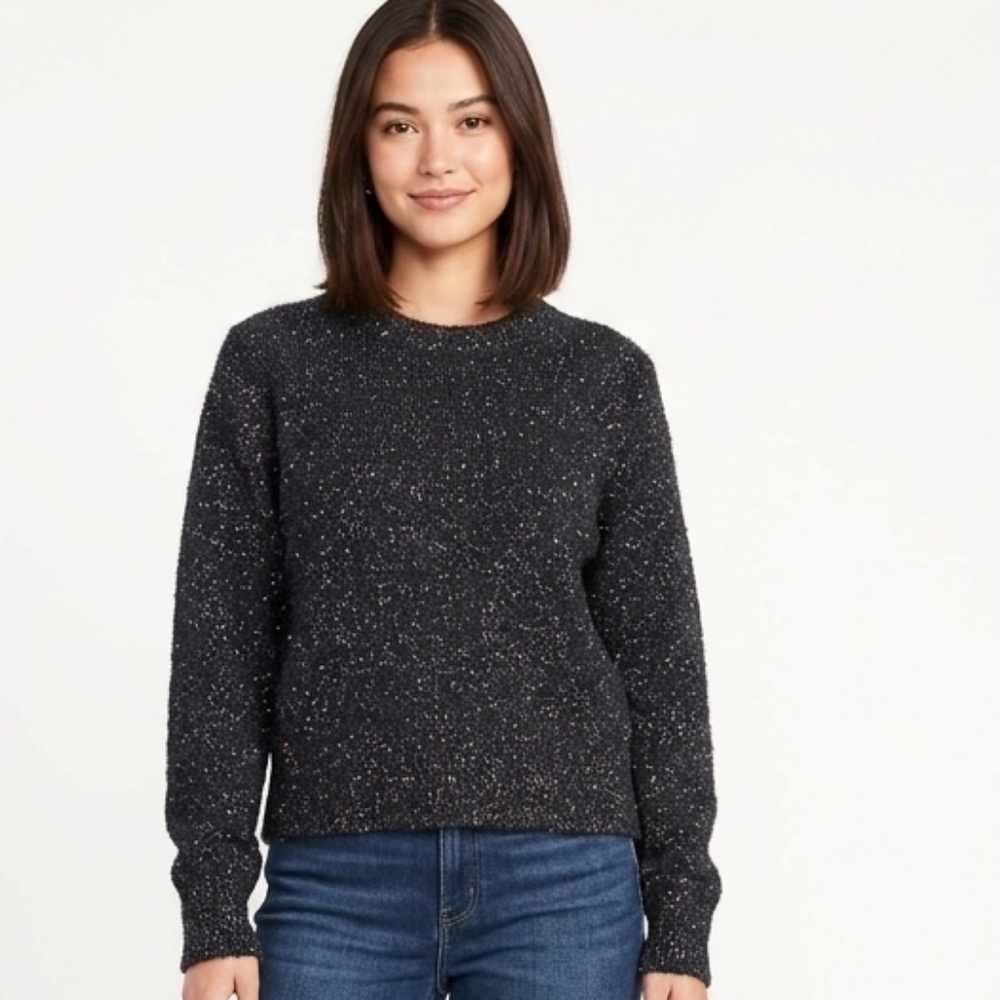 Old Navy Eyelash Party Shine Sweater Small Black Metallic Crew Neck Pullover